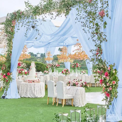 Vista 5 de FOTSHARER Cortinas de techo azul bebé para boda, 2 paneles de 5 x 20 pies, gasa para arco de boda, cortinas de techo para telón de fondo, decoración