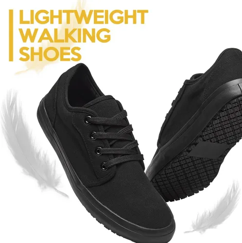 Vista 6 de Zapatos de trabajo de lona antideslizantes para hombres y mujeres, para servicio de alimentos, color negro, casual, resistente a las manchas y al