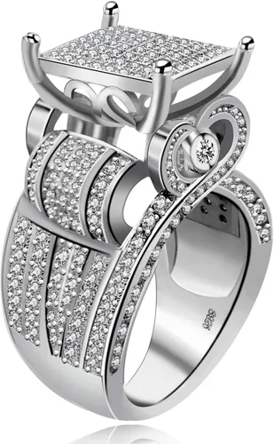 Vista 2 de Uloveido Anillo cuadrado de 0.4 pulgadas de ancho para mujer, anillo de compromiso de arquitectura de corazón, anillo de cóctel para niñas RA0221