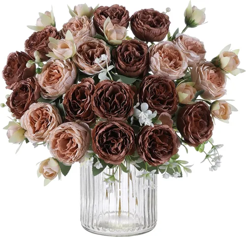 Vista 20 de 2 racimos de flores artificiales de peonía beige, ramo de peonías de seda para bodas, fiestas, centros de mesa, arreglos florales, decoración