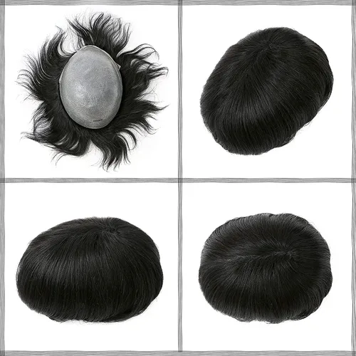 Vista 3 de Toupee de piel fina suave de 0.002 in PU 10x8 pulgadas reemplazo de pelo para hombre postizo 100% europeo piezas de cabello humano para hombre #1