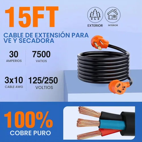 Vista 2 de Nilight Cable de Extensión para Secadora EV de 15 Pies 3 Clavijas 30 Amperios NEMA 10-30P 10-30R Cable de Extensiones Antiguas Servicio Pesado Cable