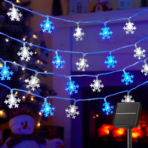 Vista 17 de Brightown Guirnalda de luces solares de copo de nieve de Navidad, 100 LED, 39 pies, impermeable, para exteriores, luces de hadas con 8 modos