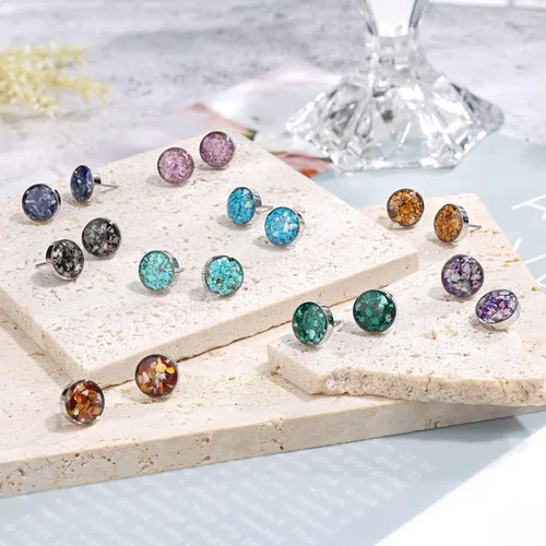 Vista 5 de Aretes redondos de piedra preciosa para mujer, delicados aretes de piedra pulida de malaquita y sodalita, hipoalergénicos, aretes de acero