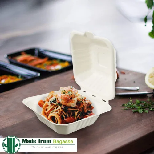 Vista 3 de Green Earth Concha compostable de 6 pulgadas, 100 unidades ecológicas Bagazo natural, cajas para llevar, tapa con bisagras, apta para microondas