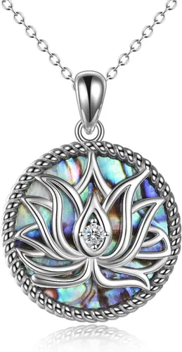 Vista 12 de ONEFINITY Collar de loto de plata de ley 925 con colgante de piedra lunar para yoga, joyería de loto para mujer