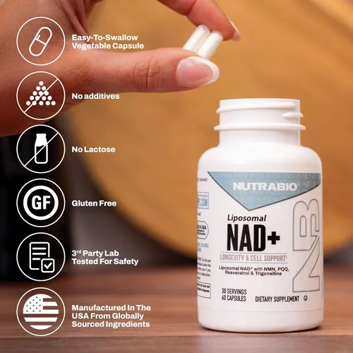 Vista 6 de NutraBio Suplemento liposomal NAD+ con resveratrol, NMN y PQQ para la longevidad y el apoyo celular para hombres y mujeres, vitalidad a largo plazo
