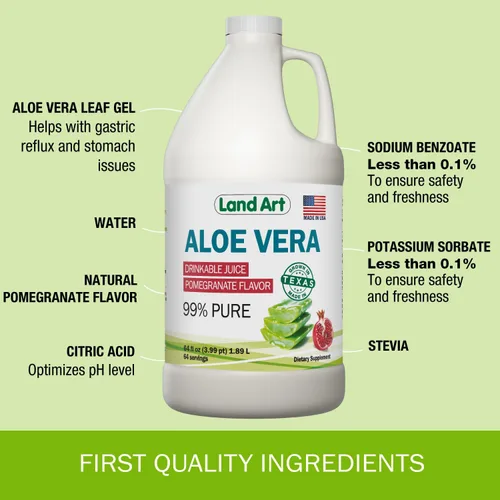 Vista 4 de Land Art Jugo de aloe vera puro – Sabor a granada – Procesado en frío – Filete interior de hojas frescas orgánicas de Texas – Ayuda, 64 onzas