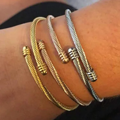 Vista 6 de Brazalete trenzado de acero inoxidable triple 3 con alambre de cable apilable para mujer, ororosaplata, Acero inoxidable