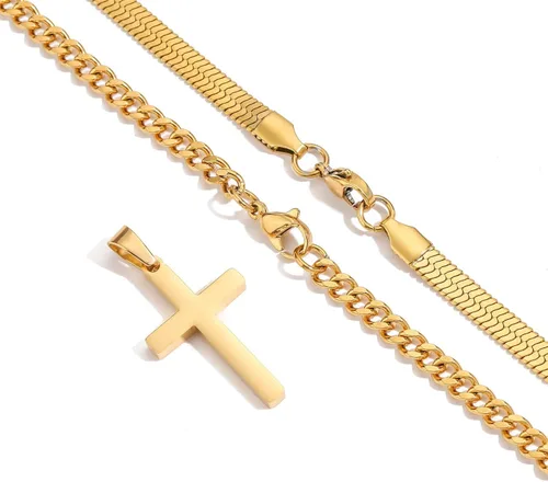 Vista 5 de Collar de cruz para hombres y niños, de acero inoxidable en capas, cadena de espiga cubana, colgante de cruz religiosa, joyería de moda, regalos