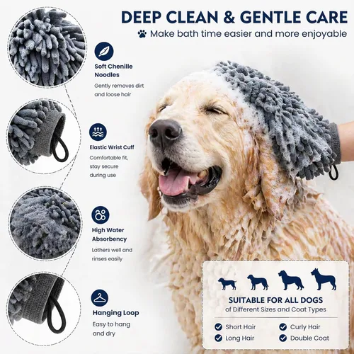 Vista 4 de Guantes de baño secos súper absorbentes para perros, de microfibra de chenilla, guantes de aseo para perros sucios, adecuados para todas las razas
