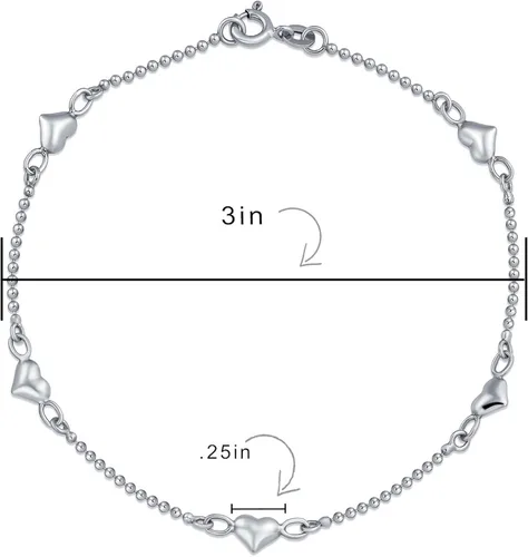 Vista 3 de Multi Flat Puff Station Dangle Hearts Charm Anklet Ankle Bracelet For Women Teen Beaded Ball Figaro Chain Rose 14K Yellow Gold Vermeil .925 Sterling
