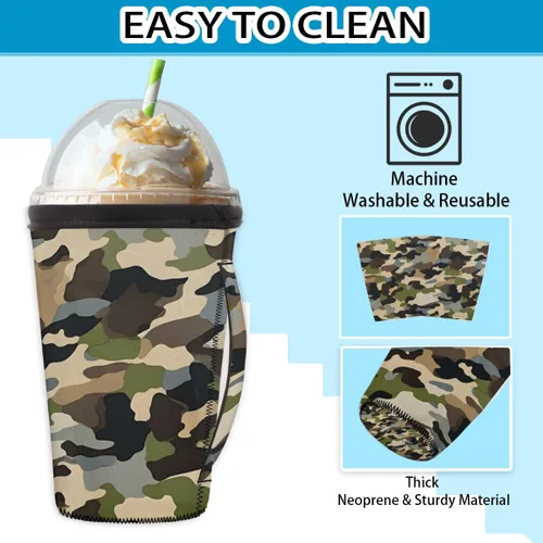 Vista 4 de Funda aislante reutilizable de neopreno con piel de camuflaje del ejército para bebidas, con asa, para la mayoría de cafés o bebidas heladas, 16-18