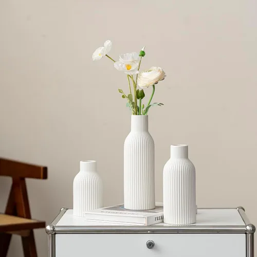 Vista 9 de Juego de 3 jarrones de cerámica modernos, jarrones decorativos acanalados blancos, centro de mesa para decoración del hogar, regalos de cumpleaños