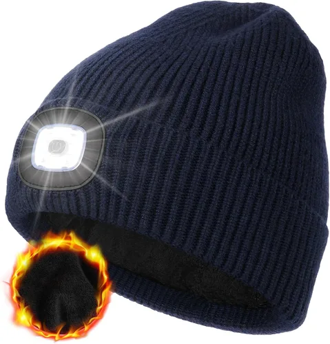 Vista 10 de MELASA Gorro de invierno con forro polar LED, recargable por USB, gorro cálido con luz integrada, regalos para hombres, papá, esposo, él
