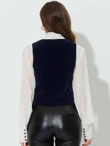Vista 4 de Allegra K Chaleco de terciopelo steampunk para mujer, sin mangas, con botones, cuello en V, chalecos de traje