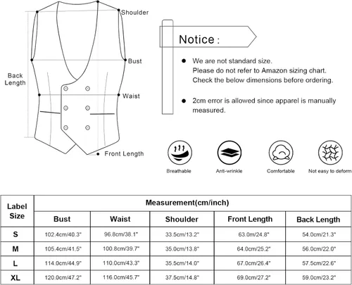 Vista 3 de Alizeal Mens Formal Tweed Suit Vest Double Breasted Slim Fit Wool Tuxedo Solid Waistcoat