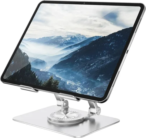 Vista 8 de Orlian Soporte para tablet con base giratoria de 360°, soporte ajustable de aluminio para tableta de doble varilla para escritorio, compatible