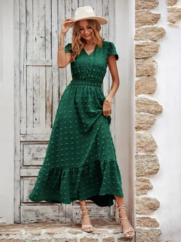Vista 2 de PRETTYGARDEN - Vestido bohemio de manga corta con cuello en V y plumetí con volantes, vestido maxi fruncido de cóctel