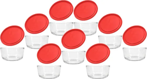 Vista 2 de Recipientes de vidrio, Pyrex, con tapa para almacenamiento de alimentos, Rojo Tempered Containers BPA Free Covers Nesting Design