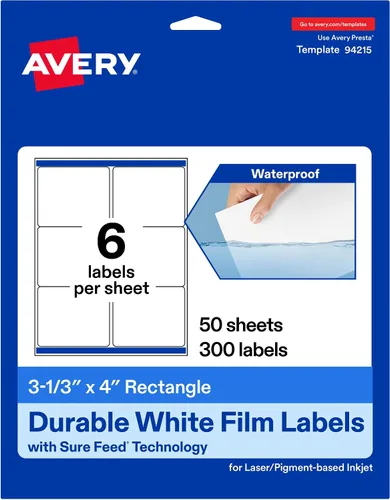 Vista 10 de Avery Etiquetas rectangulares blancas duraderas imprimibles, tecnología Sure Feed, 3-1/3 "x 4", etiquetas impermeables, compatibles con inyección