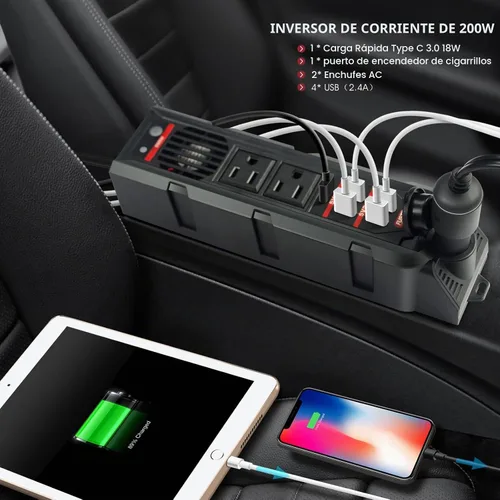 Vista 2 de Inversor de corriente para automóvil de 200 W CC 12 V a 110 V CA Negro