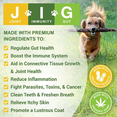 Vista 2 de MariGold JIG para perros, articulaciones, inmunidad, apoyo intestinal y colágeno para perros, sin OMG, cacahuetes orgánicos, cáñamo orgánico, libre