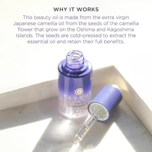 Vista 3 de TATCHA Gold Camellia Beauty Oil Moisturizing Face, Body, and Hair Oil Infused with 23-karat Gold flakes 30 ml / 1 oz