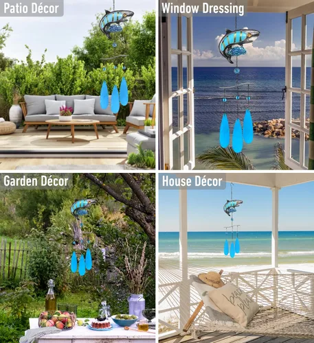 Vista 3 de CoTa Global Carillón de viento de tiburón – Carillón de vidrio y metal hecho a mano – Decoración colgante de vida oceánica – Regalo colorido