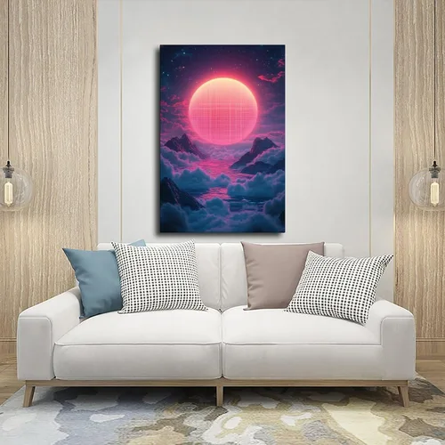 Vista 5 de 80s Vaporwave Neon Geometry Art – Retro Futuristic Poster – Digital Synthwave Wall Hanging Canvas Poster Wall Art Decor Print Picture Paintings for