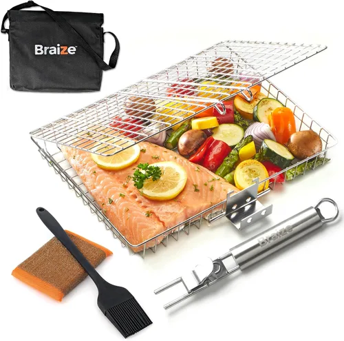 Vista 11 de Cesta de parrilla ajustable con mango extraíble – 4 niveles de altura para verduras, carne, pescado y más – Cesta de barbacoa con tapa de bloqueo