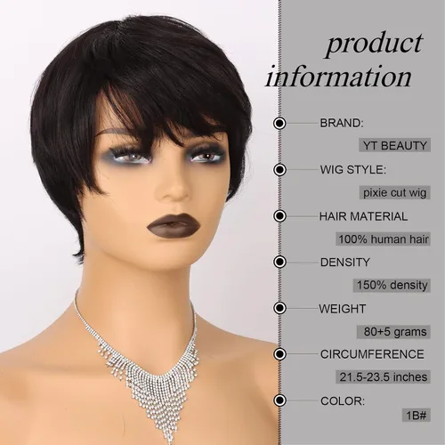Vista 3 de Pelucas de cabello humano con corte Pixie para mujeres negras, 100% cabello humano, pelucas cortas Pixie para uso diario en fiestas (1B)