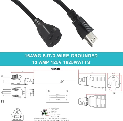 Vista 2 de [1 Pack] Cable de extensión de alimentación corto de 6 pulgadas - Cable de extensión de 3 clavijas mini negro para interiores con puesta a tierra