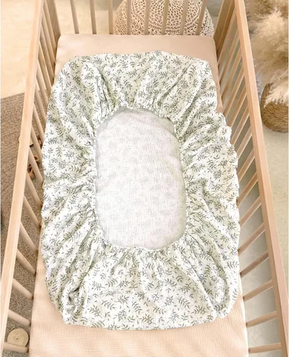 Vista 4 de Sábanas de cuna de muselina lulumoon para bebé: Sábanas ajustadas y transpirables para cuna de niños - Hojas de hoja de árbol verde para cuna