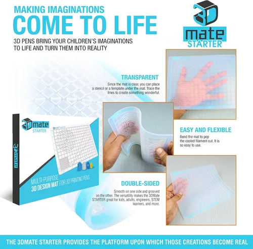 Vista 2 de 3Dmate Starter - Tapete transparente para bolígrafo 3D de 9 x 7 pulgadas, silicona flexible resistente al calor de dos caras, accesorios