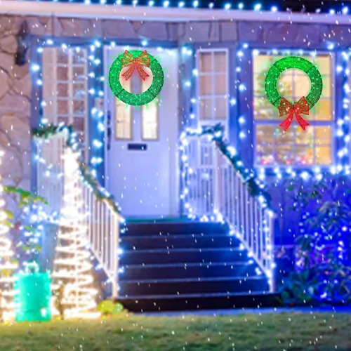 Vista 3 de Corona de Navidad Iluminada para Decoraciones Exteriores, Corona de Navidad Pequeña de 24 pulgadas, 110 Luces con 8 Efectos Intermitentes, Corona