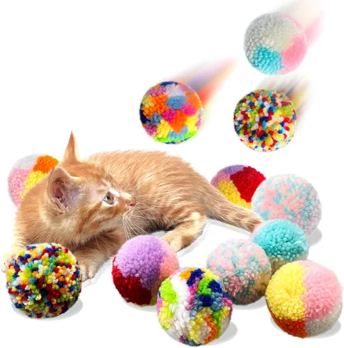 Vista 2 de Juguetes de bolas de gato de colores surtidos, bolas de pompón interactivas de hilo de lana, juguetes interactivos de persecución de gatitos