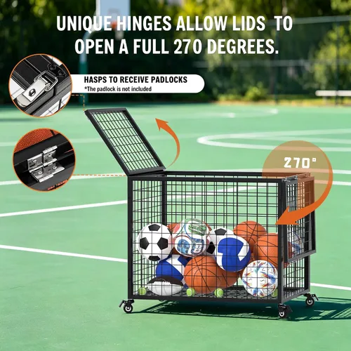 Vista 3 de rehomerance Ball Cart Garage Sports Equipment Basketball Organizer with Lockable Lid, Basketball Storage Bin for Indoor Outdoor, Rolling Exercise