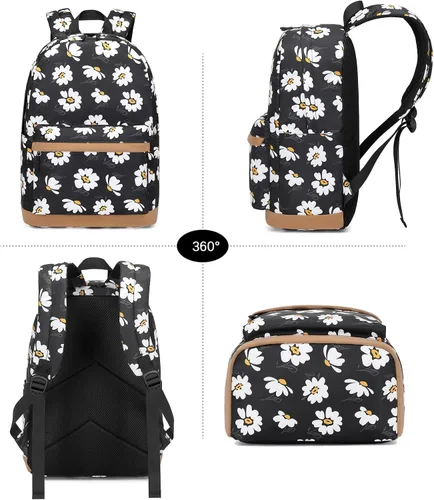 Vista 5 de Mochila para niñas con lonchera para niños, mochila para la escuela, ligera, resistente al agua, negro (Daisy Black), Mochila con fiambrera