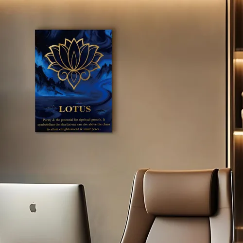 Vista 5 de Arte de pared Zen azul y dorado para sala de estar, flor de loto abstracto, naturaleza, montaña, río, imagen, meditación, oficina, budismo
