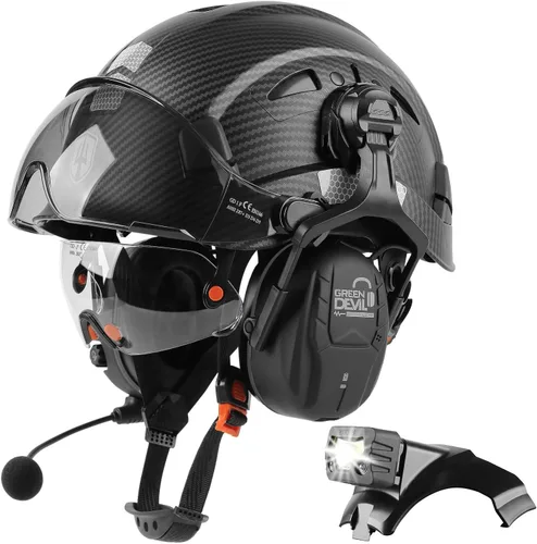Vista 2 de Casco de seguridad con visera GREEN DEVIL con orejeras Bluetooth y faro 5 en 1 Protección completa Cascos de Construcción con ventilación Hardhat