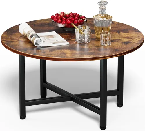 Vista 10 de Mesa de Café FAMIDGE, Mesas de Café de 23.6" para Sala de Estar, Mesa de Café Redonda con Marco de Metal, Mesa de Piso para Sentarse en el Suelo