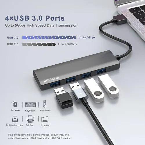 Vista 2 de Concentrador USB, concentrador USB 3.0 de aleación de aluminio ultra delgado divisor USB, extensor USB portátil de 4 puertos, concentrador USB