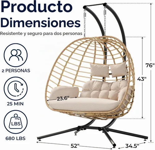Vista 3 de SWITTE Silla doble colgante con forma de huevo con soporte, columpio de mimbre para exterior, 2 plazas, con cojín, para patio, dormitorio
