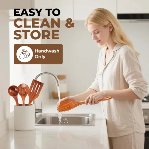 Vista 7 de Juego de utensilios de cocina de madera de teca natural - 4 piezas de cucharas de madera para cocinar con cucharón, espátula y cuchara ranurada