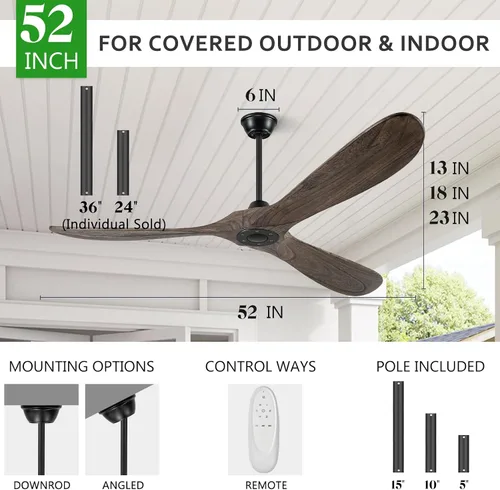 Vista 5 de Eliora Ventiladores de techo de 52 pulgadas sin luces, ventilador de techo de madera sin luz con control remoto, ventilador de techo grande
