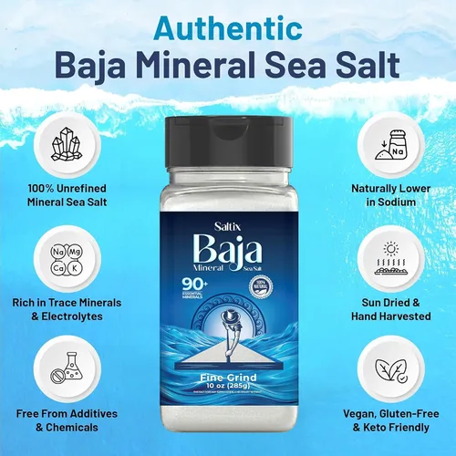Vista 2 de Saltix Baja Mineral - Salero de mar mineral, molido fino, 10 onzas (10.05 oz), más de 400 porciones (paquete de 2) - 100% natural y sin refinar, más