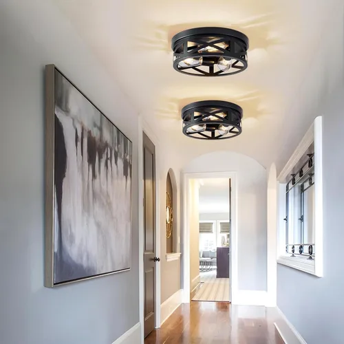 Vista 6 de Lámpara de techo de granja de montaje empotrado de 13 pulgadas color negro - Iluminación de pasillo de 3 luces con base E26, ideal para cocina