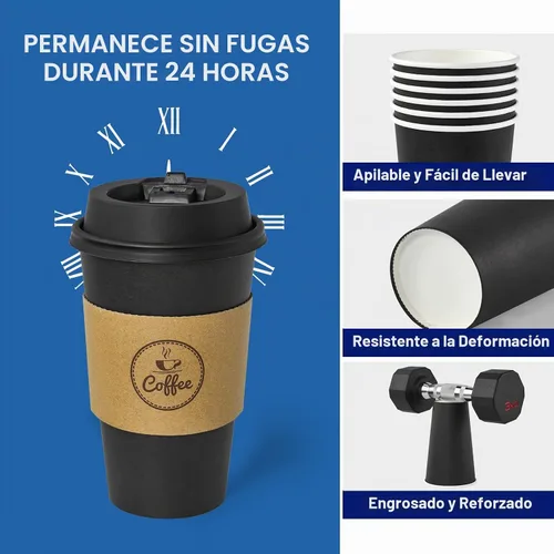 Vista 2 de JOLLY CHEF - Tazas de café negras de 16 onzas con tapas, mangas y Negro-16oz