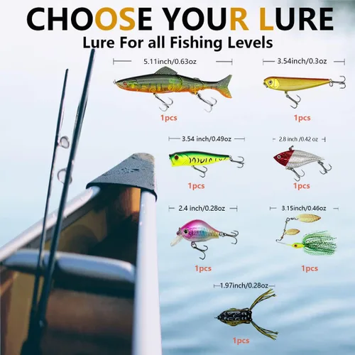 Vista 3 de Kit de señuelos de pesca, incluyendo cebos, anzuelos, palas, lombrices, plomos, ganchos, caja de aparejos y más equipo de pesca para truchas